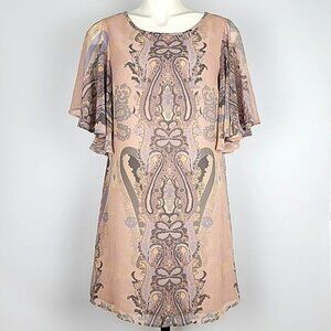 Paisley Midi Soft Pink Taupe Dress Butterfly Sleeves Chiffon Size 10
